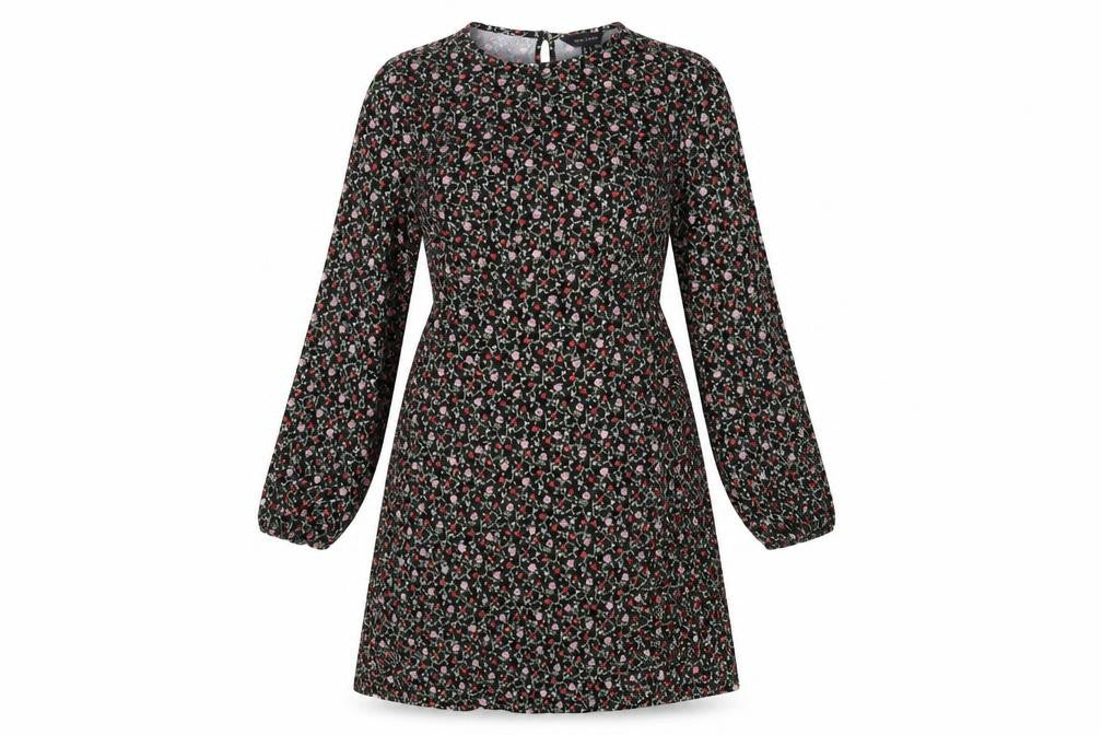 New Look Womens Black Floral Polyester A-Line Size 12 Round Neck Button