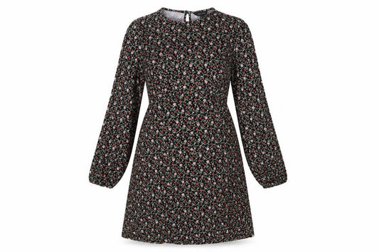 New Look Womens Black Floral Polyester A-Line Size 12 Round Neck Button