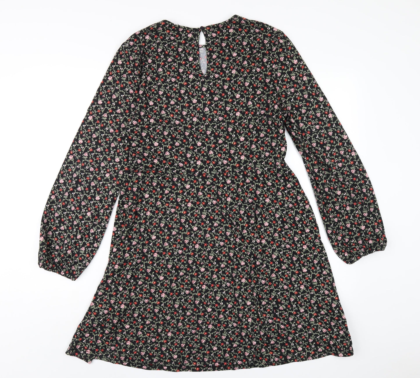New Look Womens Black Floral Polyester A-Line Size 12 Round Neck Button