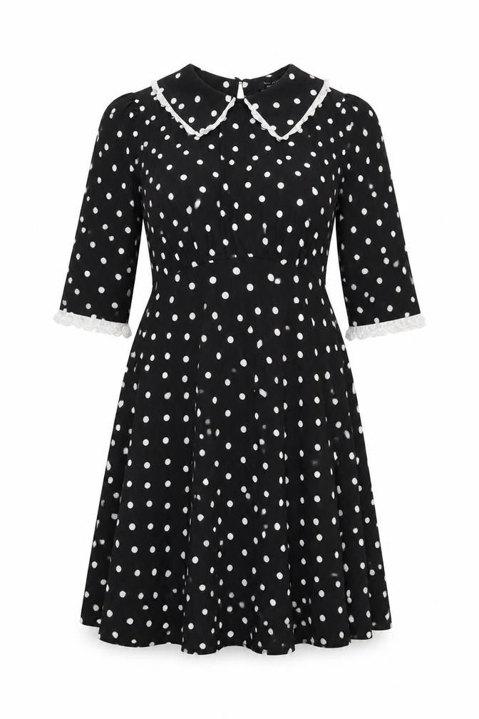 New Look Womens Black Polka Dot Polyester A-Line Size 12 Collared Zip