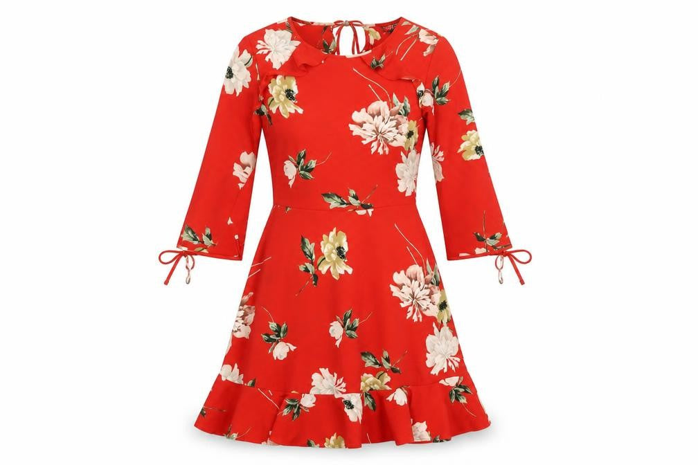 Topshop Womens Red Floral Polyester A-Line Size 8 Round Neck Zip