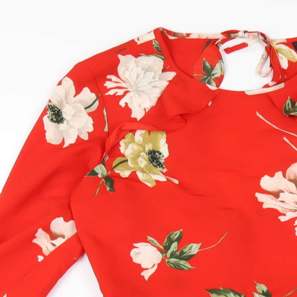 Topshop Womens Red Floral Polyester A-Line Size 8 Round Neck Zip