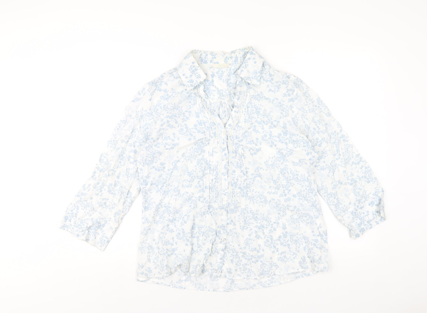 Marks and Spencer Womens Blue Geometric Cotton Basic Button-Up Size 10 Collared