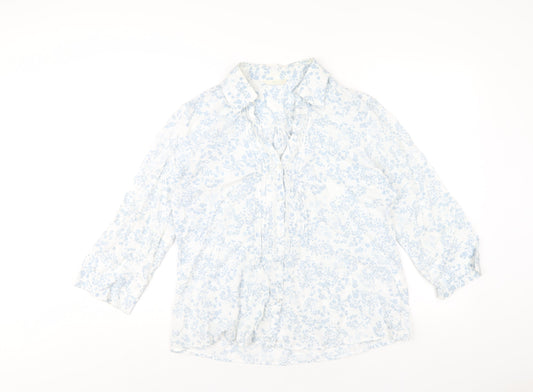 Marks and Spencer Womens Blue Geometric Cotton Basic Button-Up Size 10 Collared