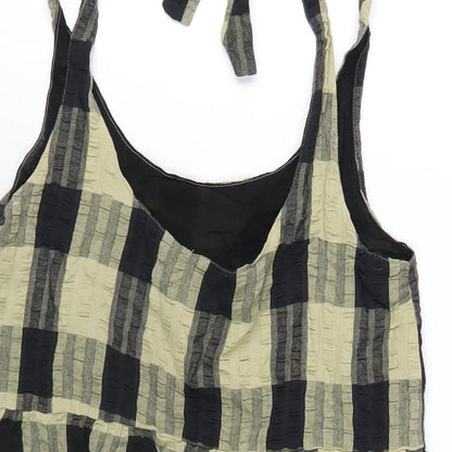 Brand and care label for ASOS women’s green check cotton a-line, size UK 6, scoop neck pullover
