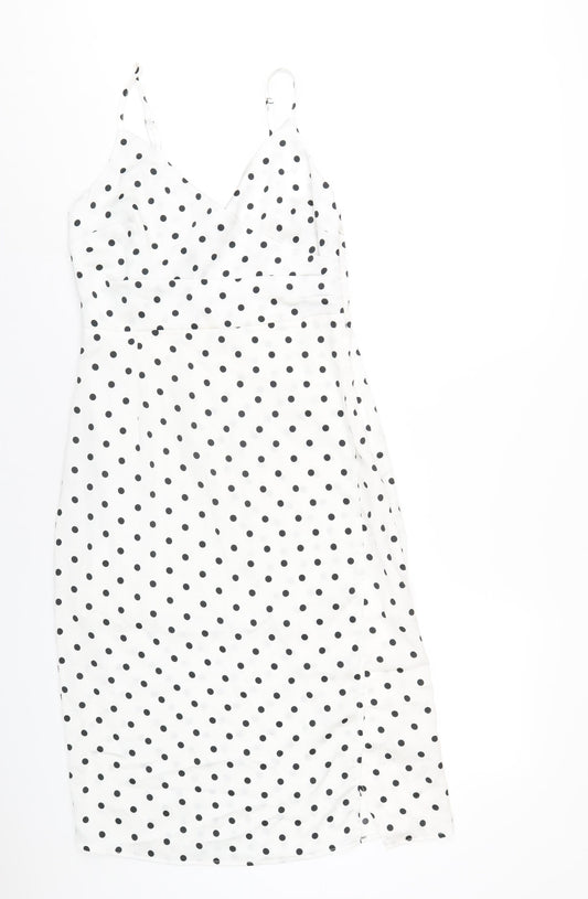 New Look Womens White Polka Dot Polyester A-Line Size 10 V-Neck Zip
