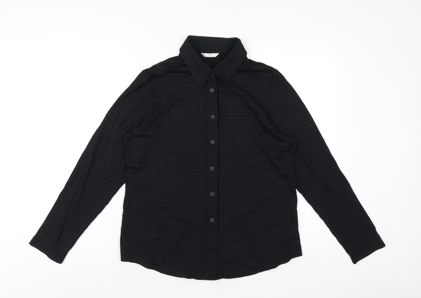 Marks and Spencer Womens Black Nylon Basic Button-Up Size 16 Collared