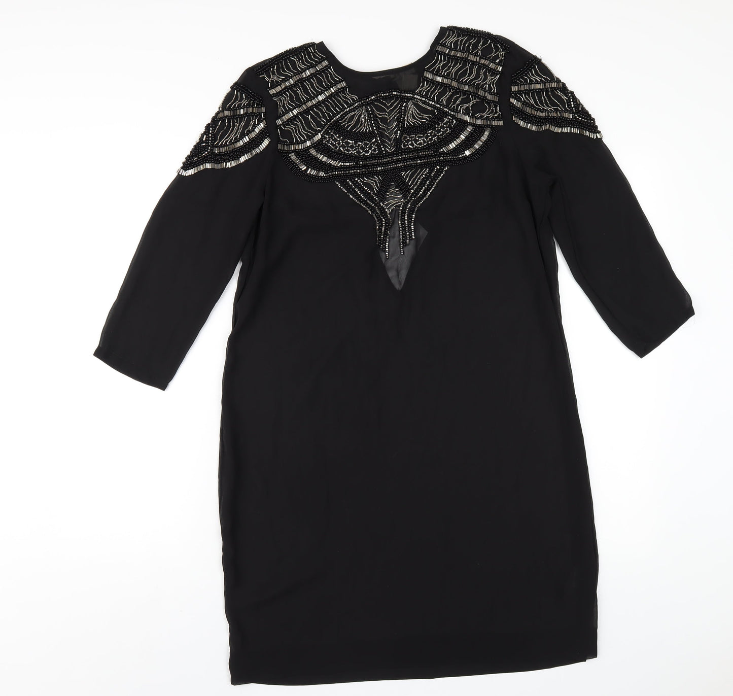 H&M Womens Black Polyester A-Line Size 10 Round Neck Button - Beaded Front