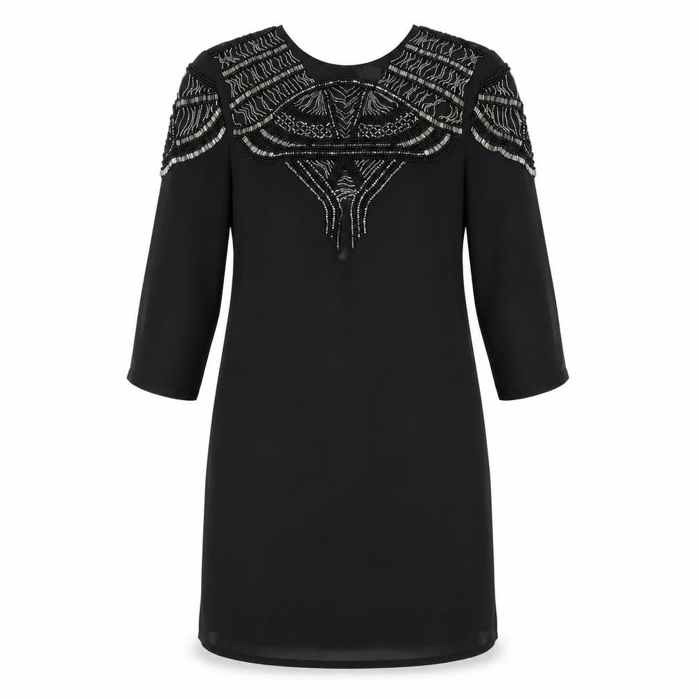H&M Womens Black Polyester A-Line Size 10 Round Neck Button - Beaded Front