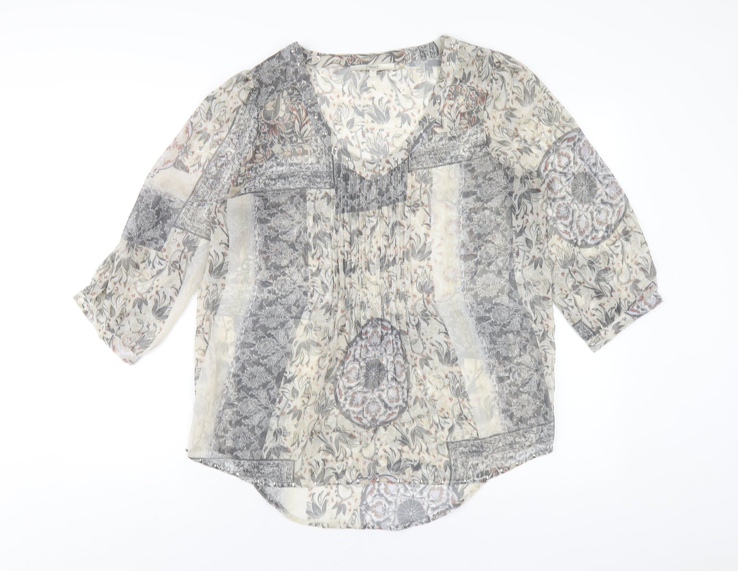 NEXT Womens Grey Geometric Polyester Basic Blouse Size 12 V-Neck