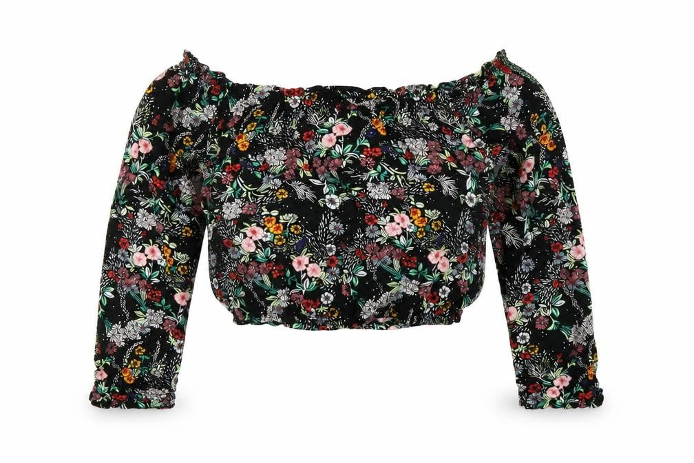 H&M Womens Black Floral Viscose Basic T-Shirt Size 6 Off the Shoulder