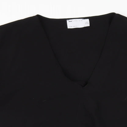 Close-up detail of ASOS women’s black polyester a-line, size UK 6, v-neck pullover