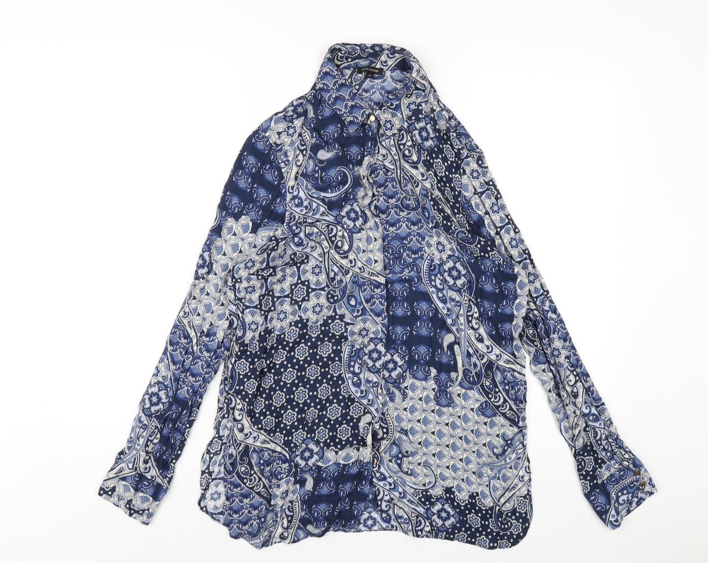 River Island Womens Blue Geometric Viscose Basic Button-Up Size 10 Collared