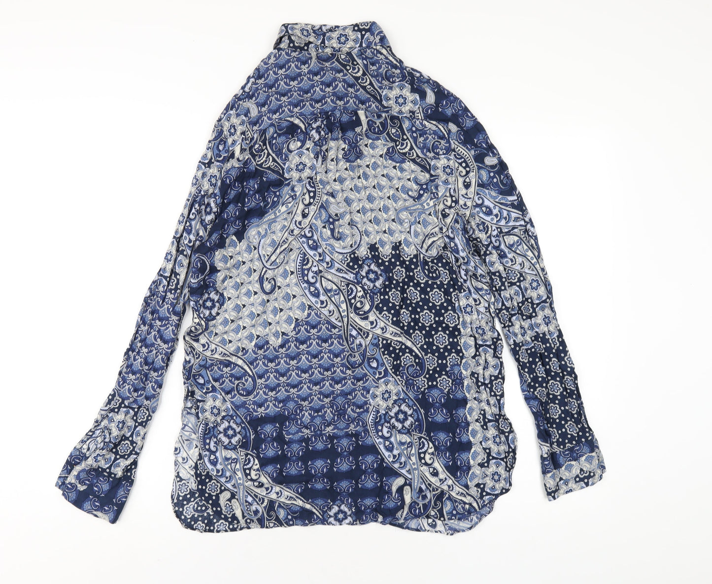 River Island Womens Blue Geometric Viscose Basic Button-Up Size 10 Collared