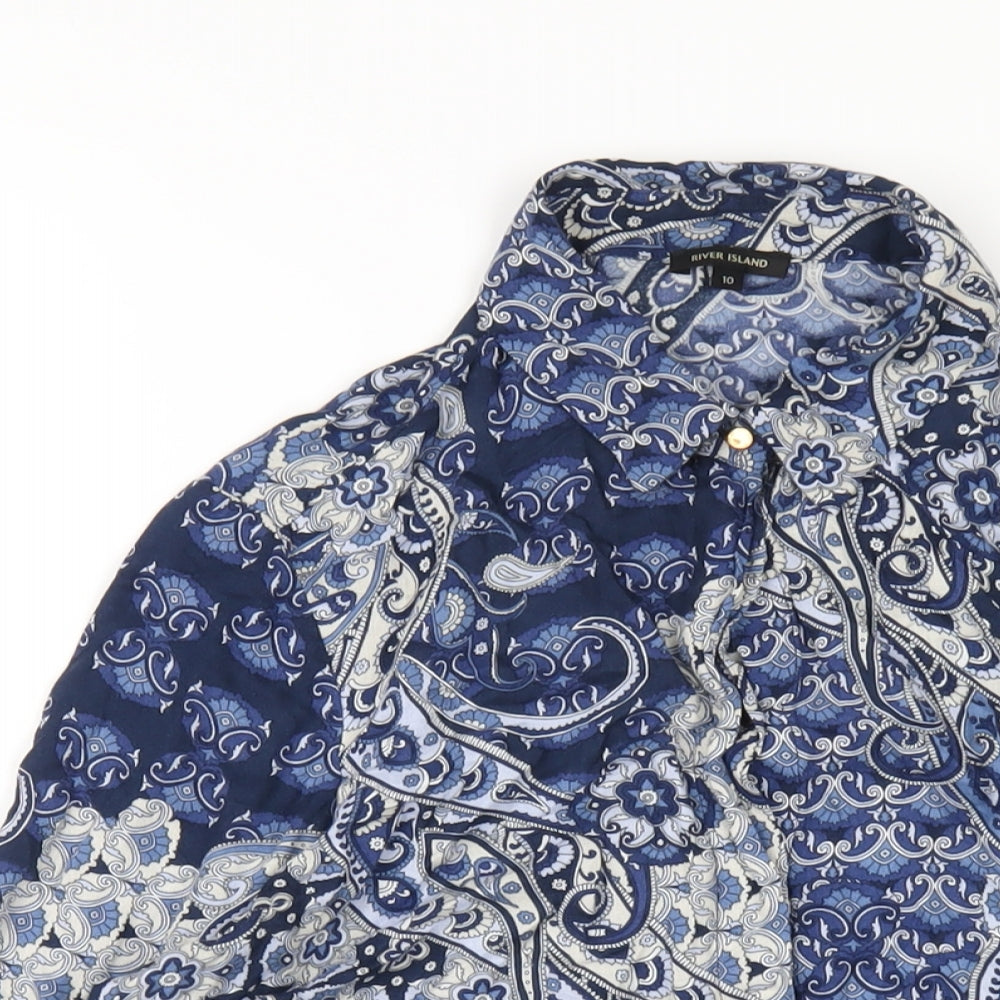 River Island Womens Blue Geometric Viscose Basic Button-Up Size 10 Collared