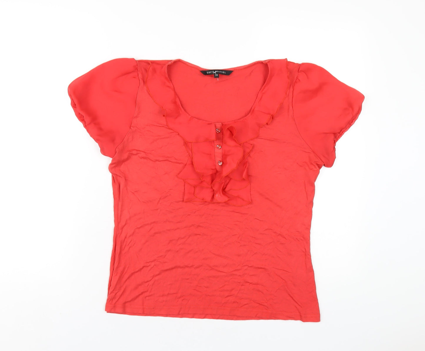 David Emanuel Womens Red Viscose Basic T-Shirt Size 14 Scoop Neck