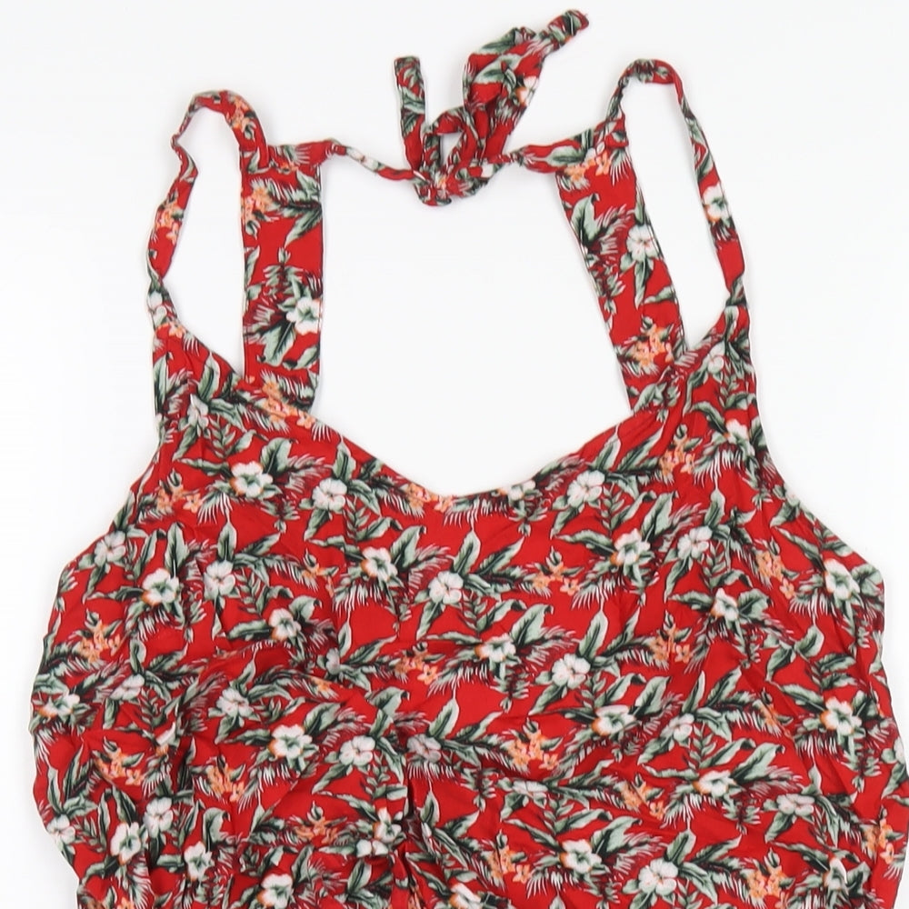 Oasis Womens Red Floral Viscose A-Line Size M V-Neck Pullover