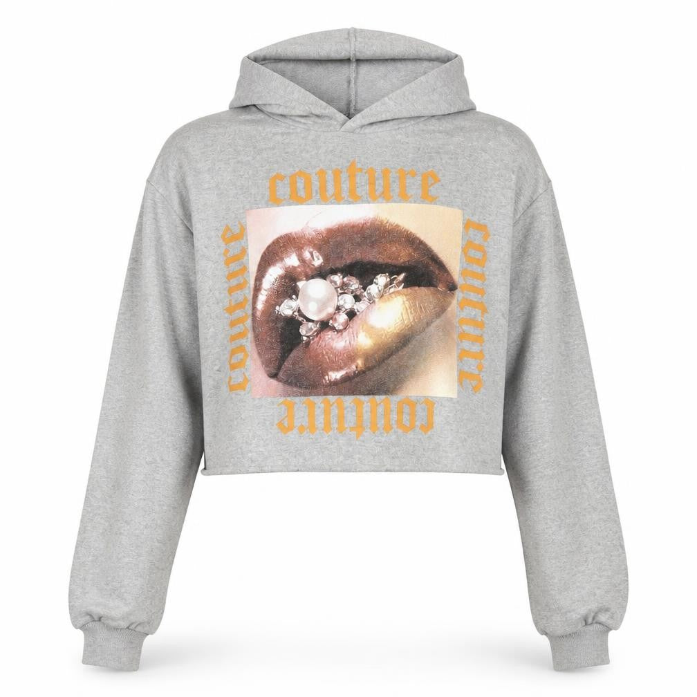 Stylewise Womens Grey Polyester Pullover Sweatshirt Size M Pullover - Couture Lips Cropped Size M/L