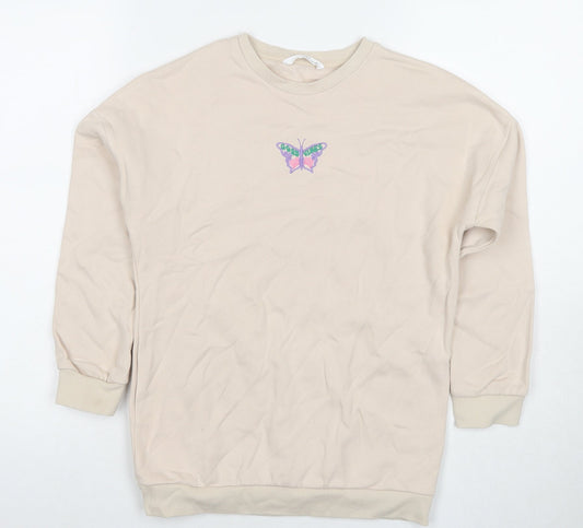 Marks and Spencer Girls Beige Cotton Pullover Hoodie Size 9-10 Years Zip - Butterfly