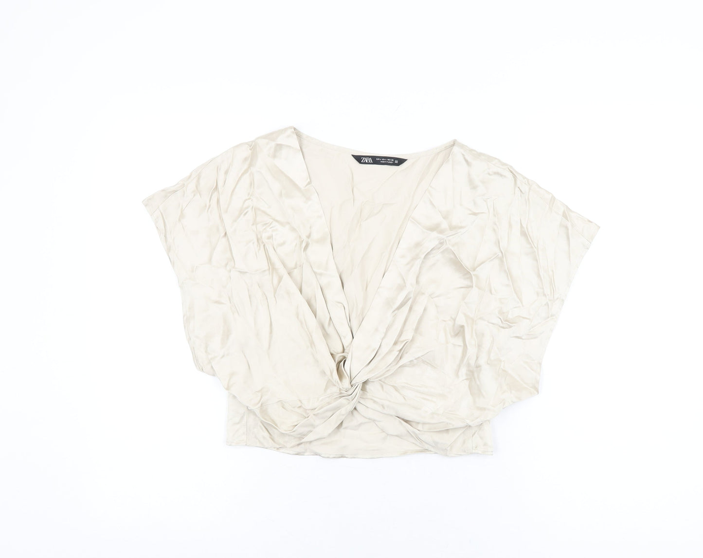 Zara Womens Beige Polyester Cropped Blouse Size L V-Neck