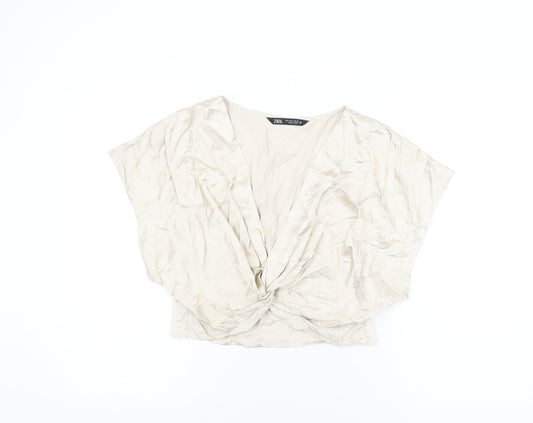 Zara Womens Beige Polyester Cropped Blouse Size L V-Neck
