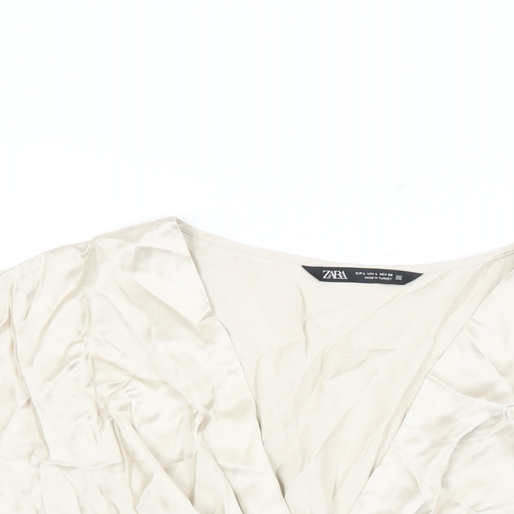 Zara Womens Beige Polyester Cropped Blouse Size L V-Neck