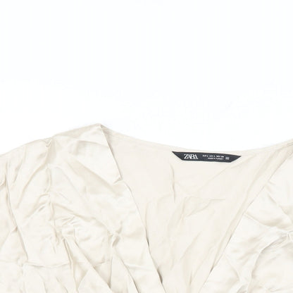 Zara Womens Beige Polyester Cropped Blouse Size L V-Neck