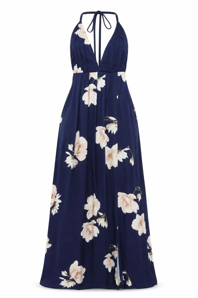 Showpo Womens Blue Floral Polyester Maxi Size 8 Halter Tie