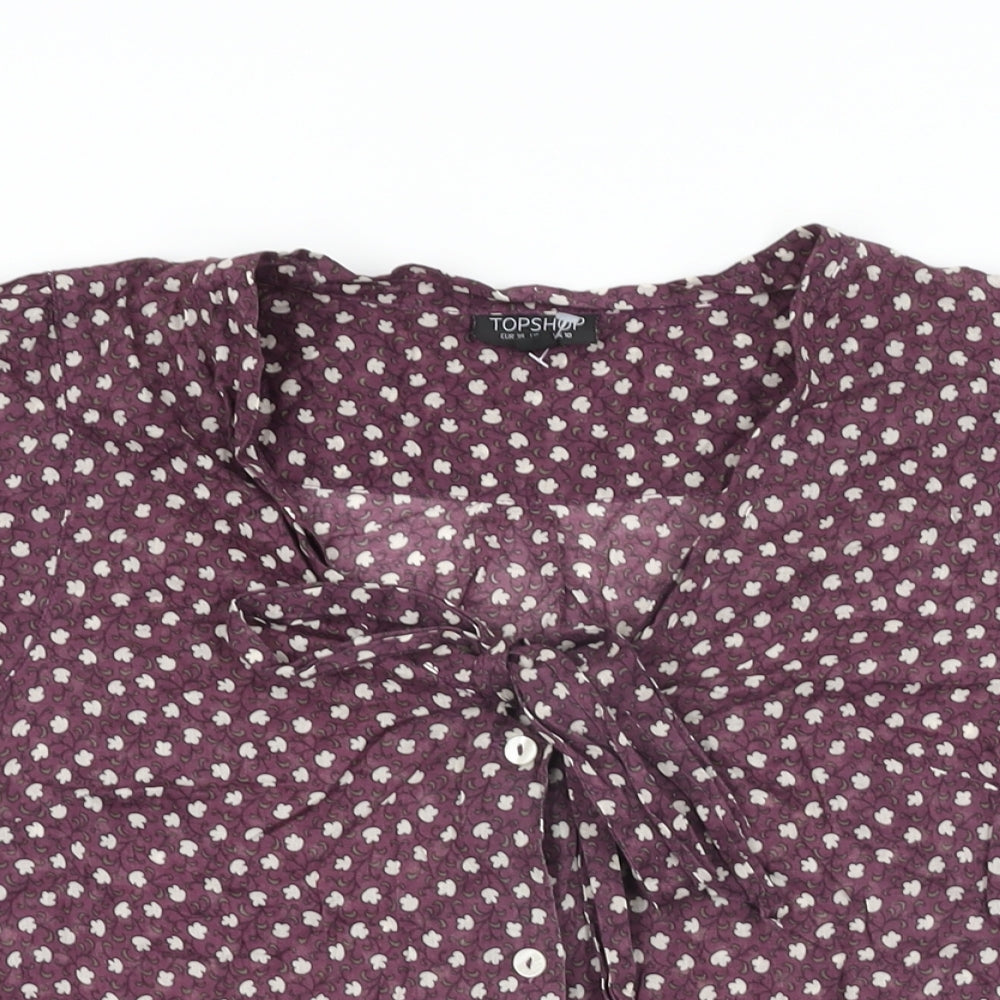 Topshop Womens Purple Floral Cotton Basic Button-Up Size 10 Round Neck