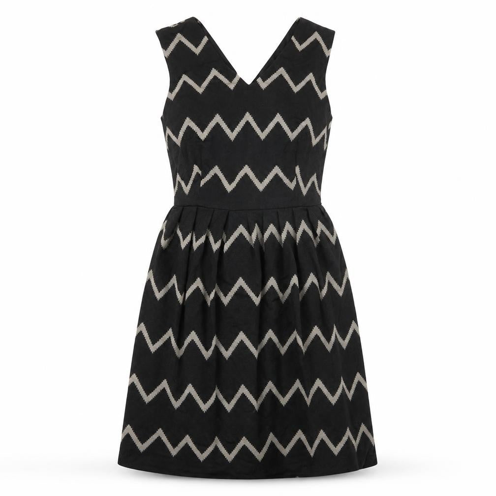 Mela London Womens Black Geometric Polyester Skater Dress Size 10 V-Neck Zip