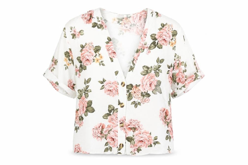 New Look Womens White Floral Viscose Basic Button-Up Size 8 V-Neck