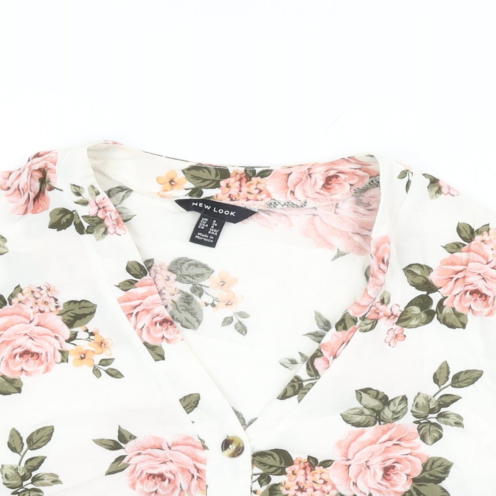 New Look Womens White Floral Viscose Basic Button-Up Size 8 V-Neck