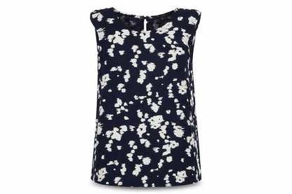Front view of Autograph women’s blue geometric viscose basic t-shirt, size UK 12, round neck