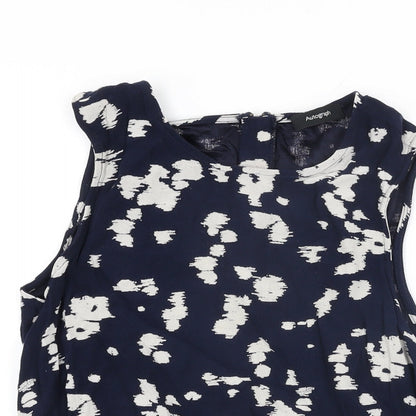 Close-up detail of Autograph women’s blue geometric viscose basic t-shirt, size UK 12, round neck