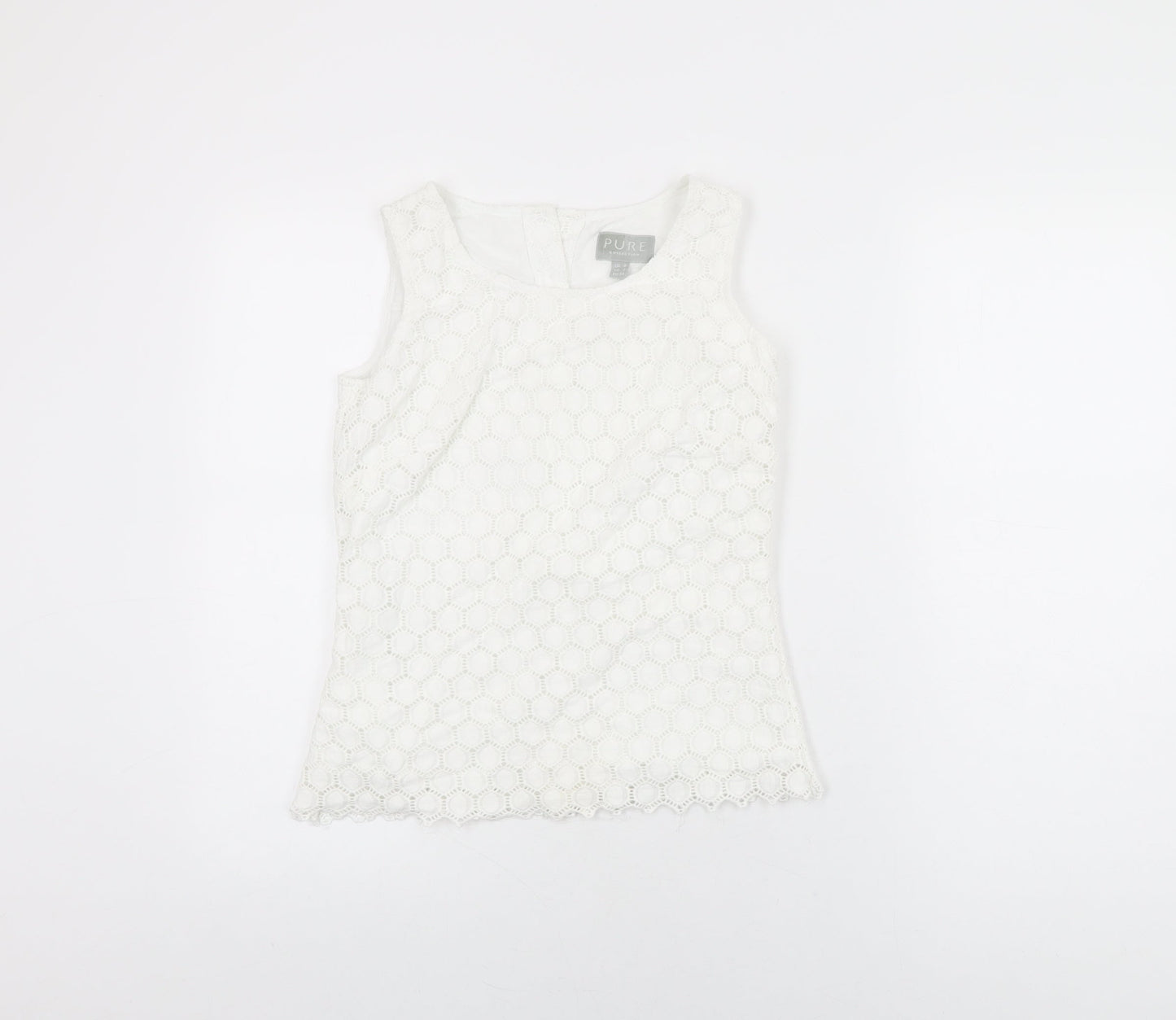 Pure Womens White Geometric Cotton Basic T-Shirt Size 8 Round Neck