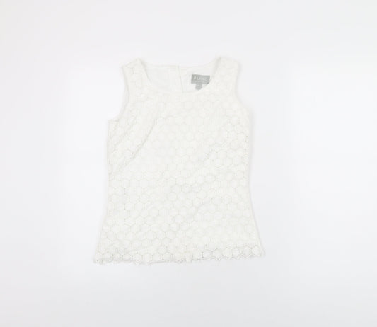 Pure Womens White Geometric Cotton Basic T-Shirt Size 8 Round Neck