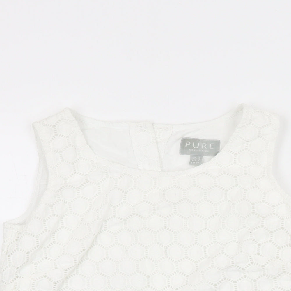 Pure Womens White Geometric Cotton Basic T-Shirt Size 8 Round Neck