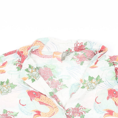 Close-up detail of ASOS women’s white geometric modal basic button-up, size UK 12, collared