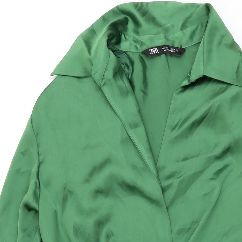 Zara Womens Green Polyester Shirt Dress Size S Collared Zip