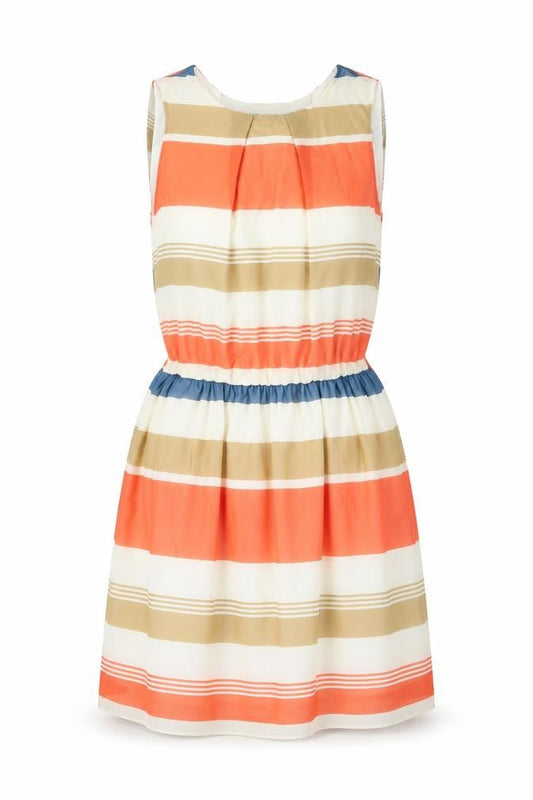 Select Womens Ivory Striped Polyester Skater Dress Size 14 Round Neck Zip