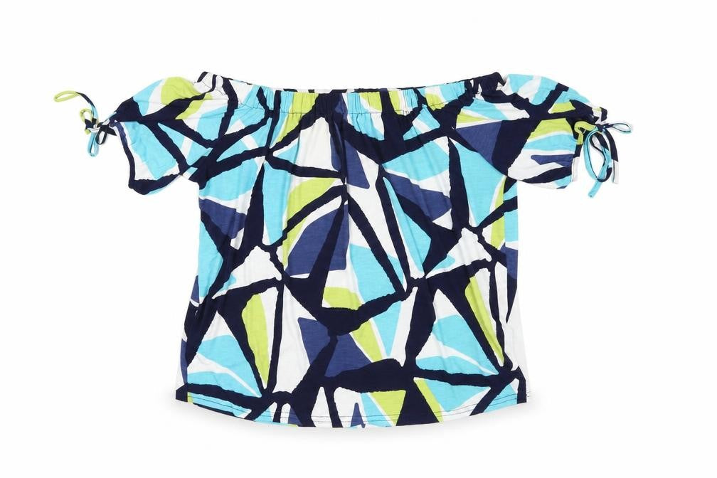 Marble Womens Multicoloured Geometric Polyester Basic T-Shirt Size S Off the Shoulder