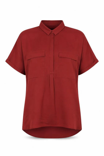 Front view of Autograph women’s red polyester basic blouse, size UK 14, collared