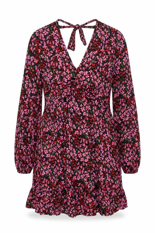 New Look Womens Black Floral Polyester Shift Size 12 V-Neck Zip