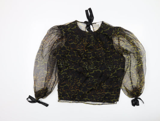 Topshop Womens Black Animal Print Polyester Basic Blouse Size 12 Round Neck