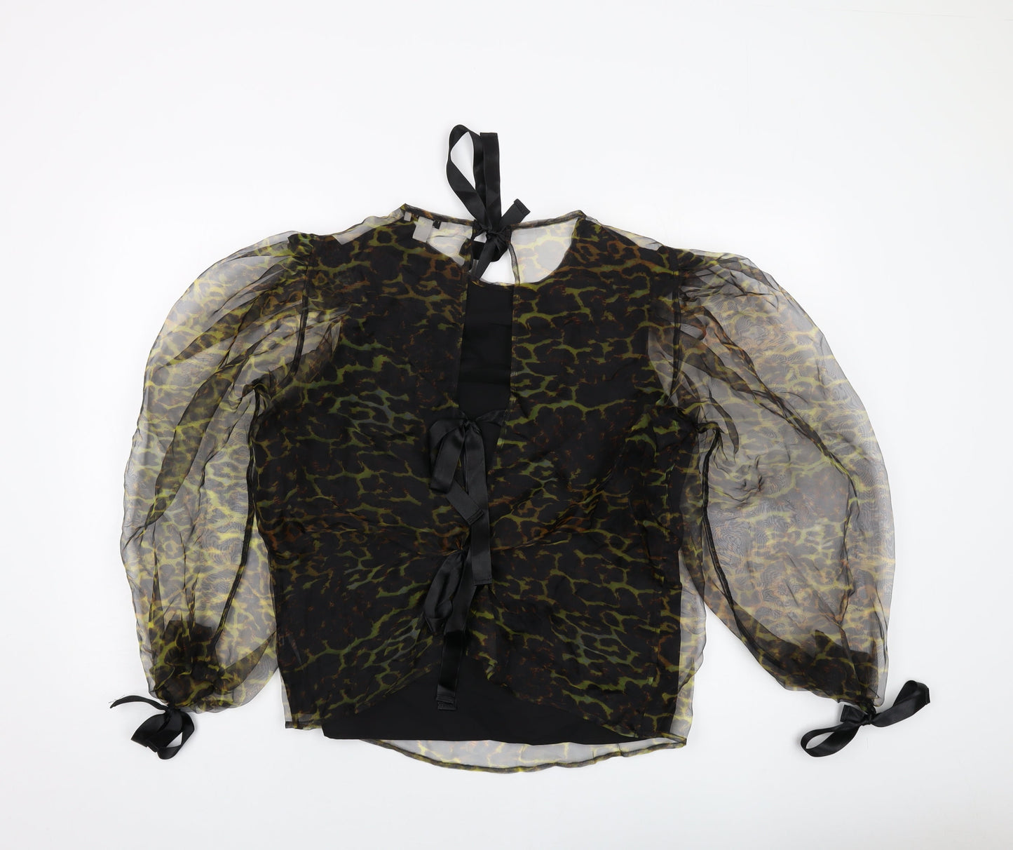 Topshop Womens Black Animal Print Polyester Basic Blouse Size 12 Round Neck