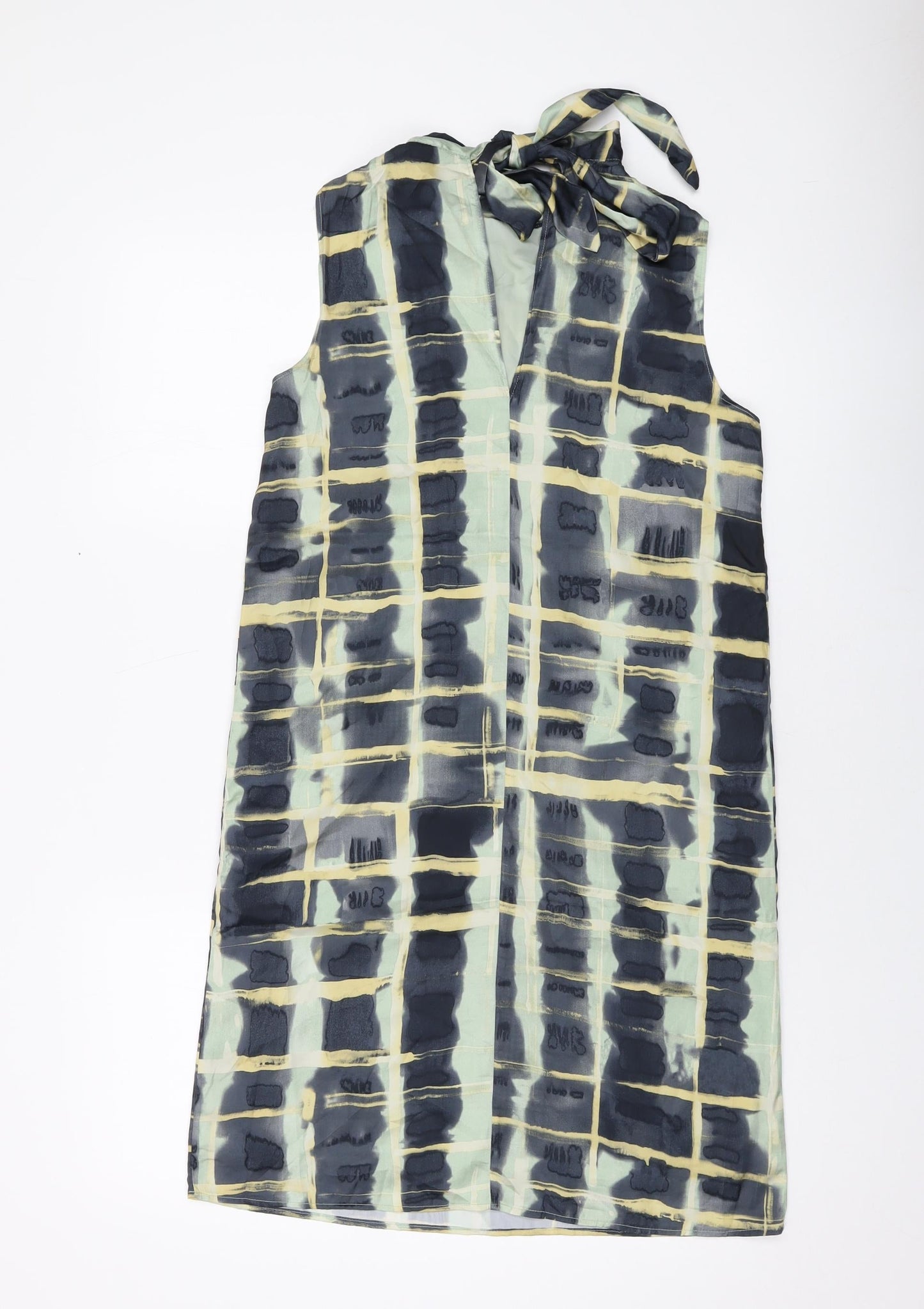 H&M Womens Green Geometric Polyester Tank Dress Size XS Mock Neck Tie