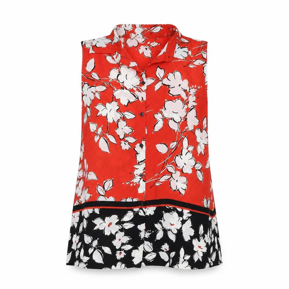 Roman Womens Red Floral Polyester Basic Button-Up Size 16 Collared