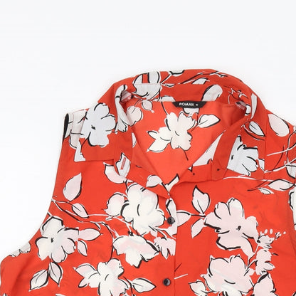 Close-up detail of Roman women’s red floral polyester basic button-up, size UK 16, collared