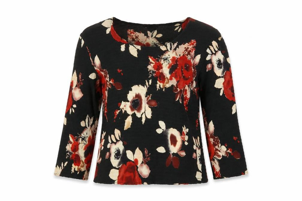 Country Casuals Womens Black Floral Polyester Basic Blouse Size S Round Neck