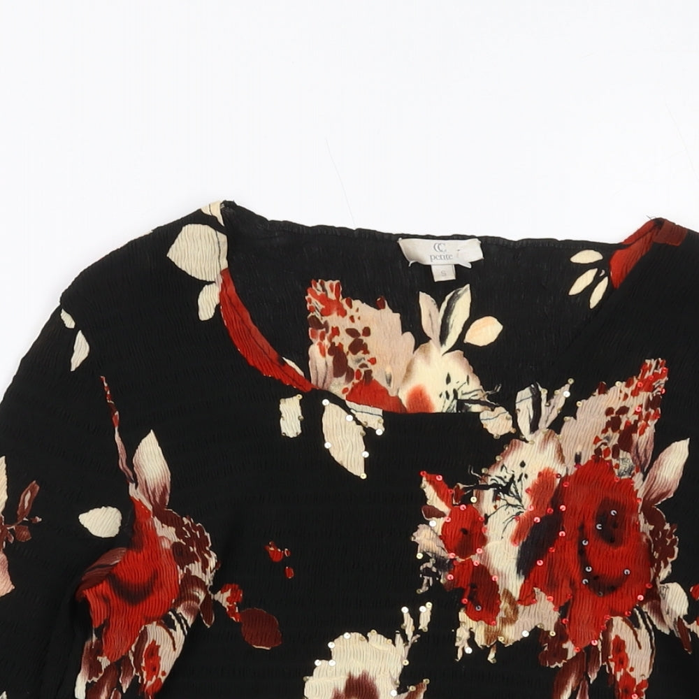 CC Womens Black Floral Polyester Basic Blouse Size S Round Neck